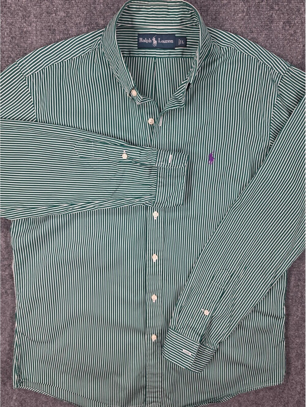 Ralph Lauren Shirt Mens Large Green White Striped Purple Pony Button Down L